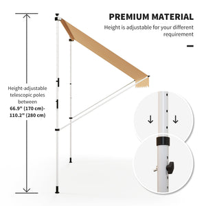 10x5ft Manual Retractable Awning, Patio Sun Shade Canopy Shelter with 5.6-9.2ft Support Pole, Water Resistant UV Protector, for Window, Door, Porch, Deck, Grey