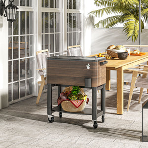Patio Cooler, 60qt Portable Outdoor Cooler with Locking Wheels, Storage Shelf, Bottle Opener for Patio Backyard, Brown