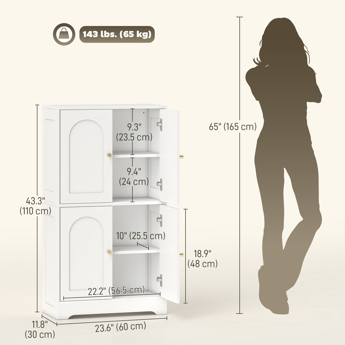 43" Kitchen Pantry Cabinet, Freestanding Modern Storage Cabinet with 4 Arched Doors and 2 Adjustable Shelves, White