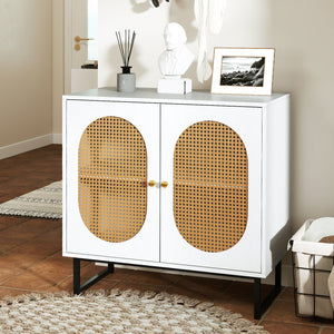 Buffet Cabinet Rattan Storage Cabinet with 2 Doors and Adjustable Shelf-White view 3