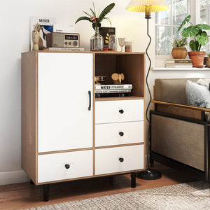 Buffet Sideboard Mid Century Modern Storage Cabinet with 4 Drawers and Open Compartment-Natural view 2