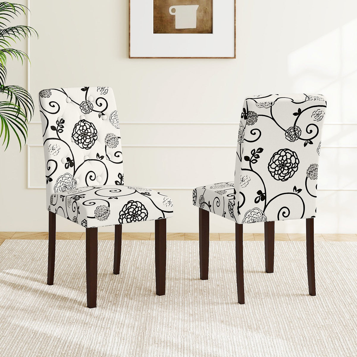 Button Tufted Fabric Upholstered Wooden Dining Chair Set of 2 with High Curved Back-Beige view 2