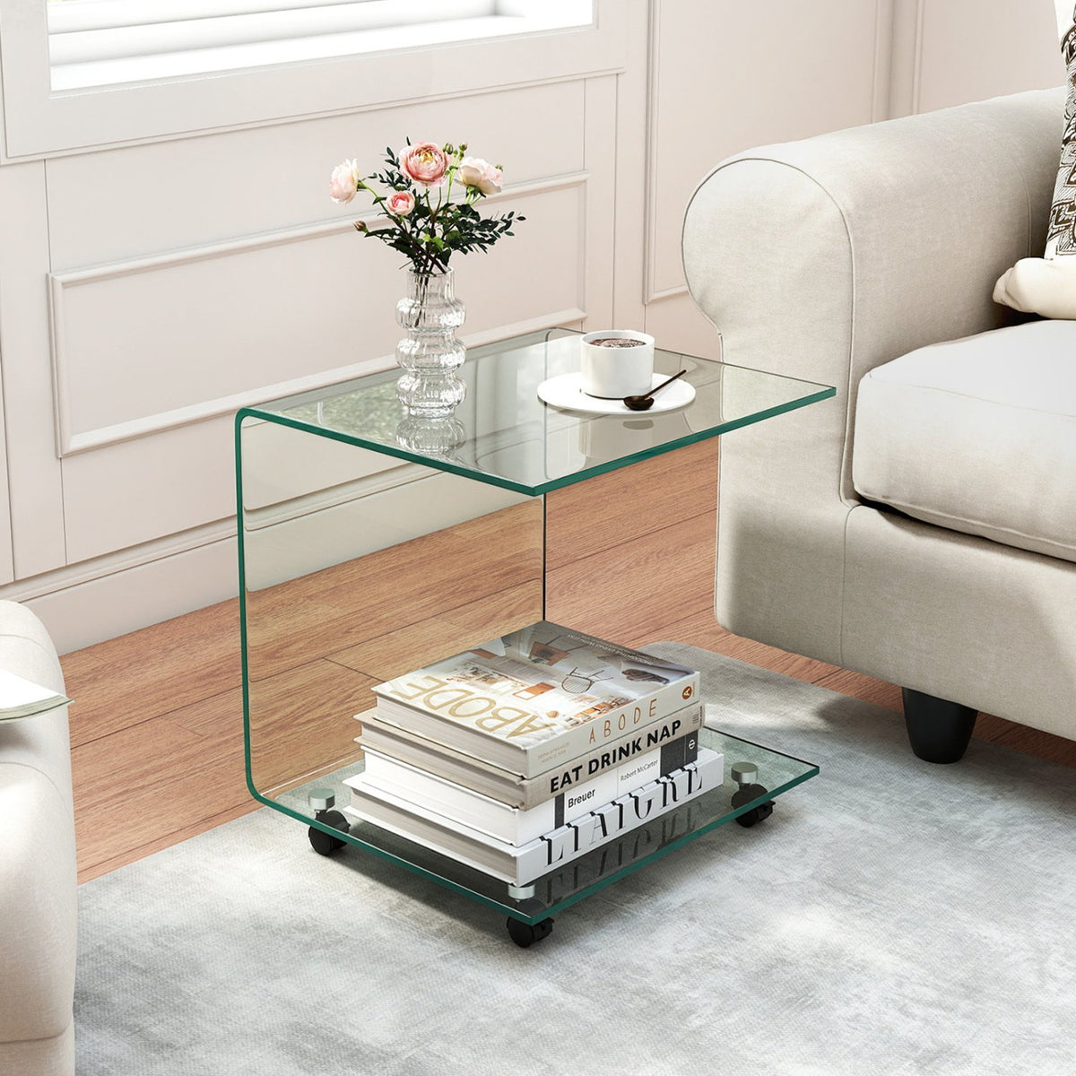 C-Shaped End Table Modern Tempered Glass Side Table with Shelf-Transparent view 2
