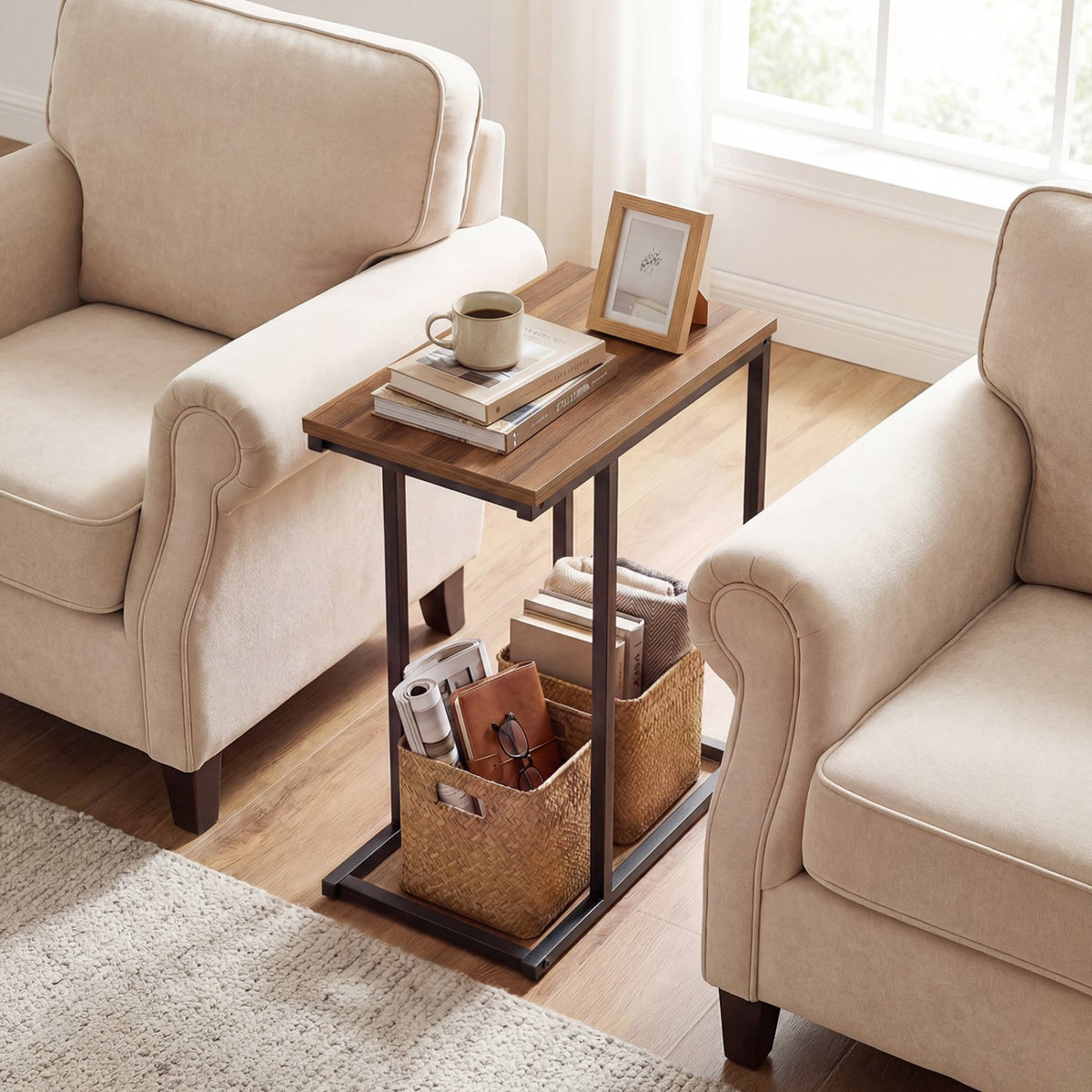 C-Shaped End Table Small Side Table with Sturdy Metal Frame-Walnut view 2