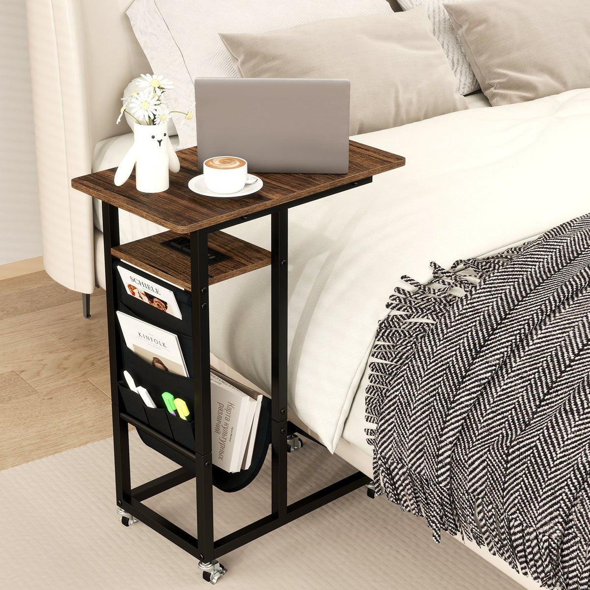 C-shaped End Table with Charging Station and Retractable Tabletop-Coffee view 2