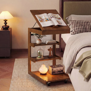 C-shaped End Table with Wheels and Adjustable Desktop for Sofa Couch Bedside-Brown view 2