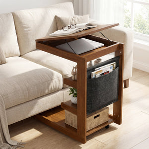 C-shaped End Table with Wheels and Adjustable Desktop for Sofa Couch Bedside-Brown view 3