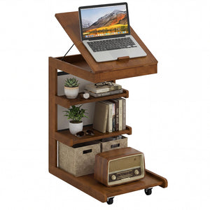 C-shaped End Table with Wheels and Adjustable Desktop for Sofa Couch Bedside-Brown view 4