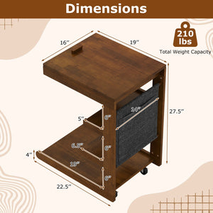 C-shaped End Table with Wheels and Adjustable Desktop for Sofa Couch Bedside-Brown view 5