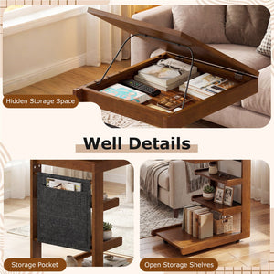 C-shaped End Table with Wheels and Adjustable Desktop for Sofa Couch Bedside-Brown view 7