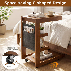 C-shaped End Table with Wheels and Adjustable Desktop for Sofa Couch Bedside-Brown view 8