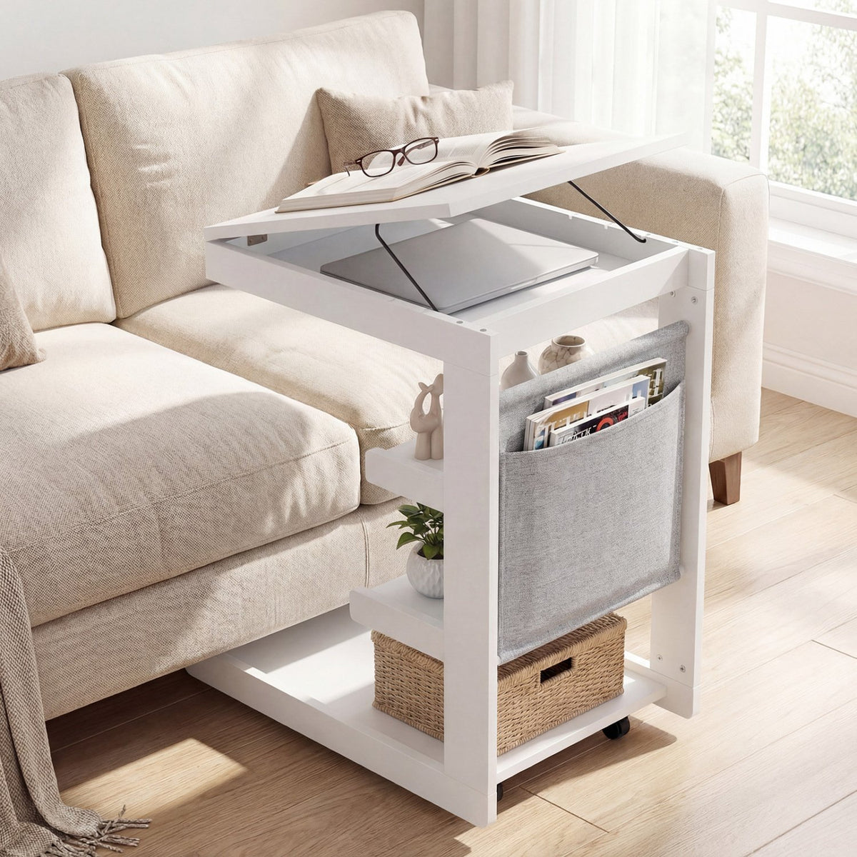 C-shaped End Table with Wheels and Adjustable Desktop for Sofa Couch Bedside-White view 2