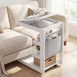 C-shaped End Table with Wheels and Adjustable Desktop for Sofa Couch Bedside-White view 2