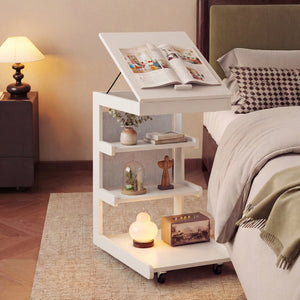 C-shaped End Table with Wheels and Adjustable Desktop for Sofa Couch Bedside-White view 3