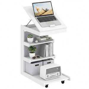 C-shaped End Table with Wheels and Adjustable Desktop for Sofa Couch Bedside-White view 4