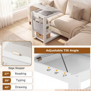 C-shaped End Table with Wheels and Adjustable Desktop for Sofa Couch Bedside-White view 6