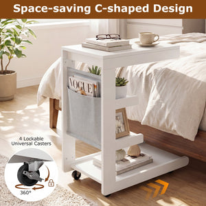 C-shaped End Table with Wheels and Adjustable Desktop for Sofa Couch Bedside-White view 8