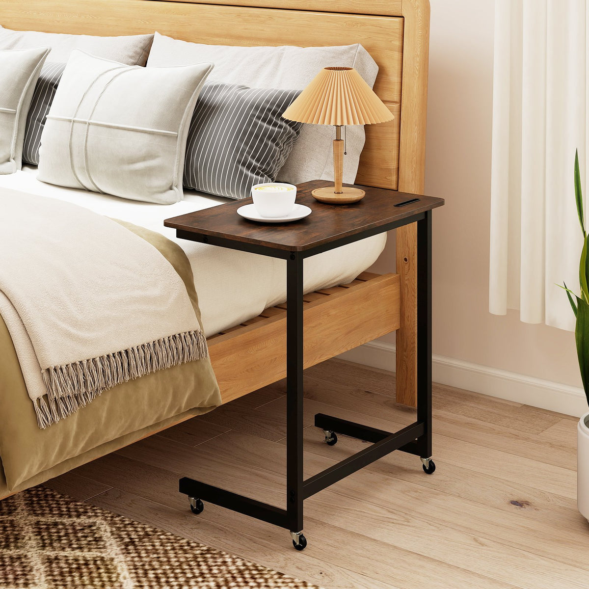 C-shaped End Table with Wheels Mobile Bedside Table with Built-in Phone Slot-Rustic Brown view 2