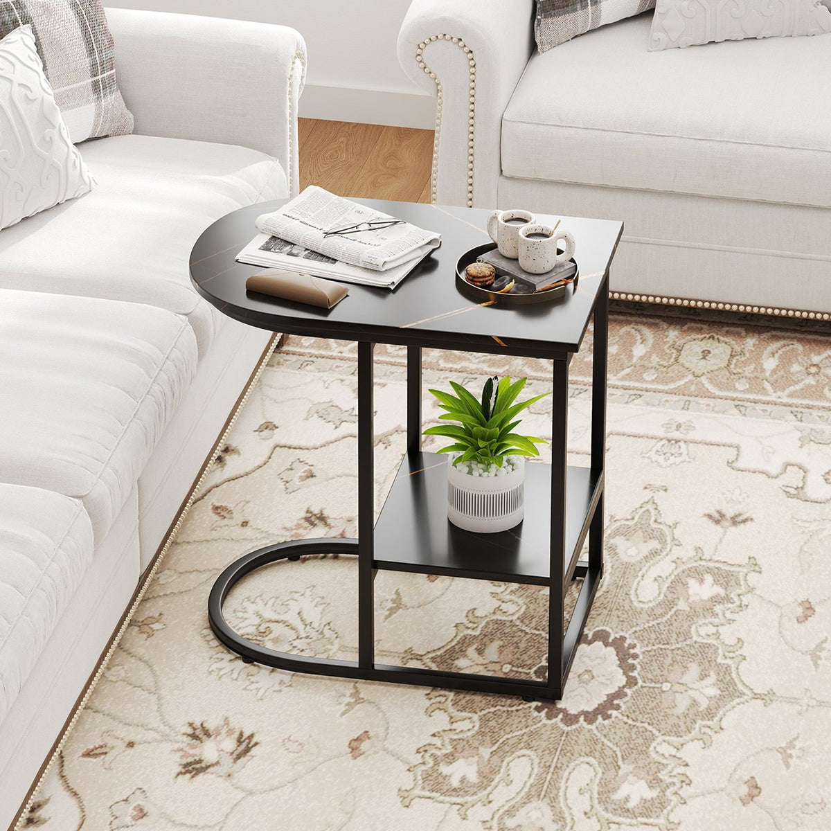 C-shaped Modern Sofa Side Table with Faux Marble Tabletop and Storage Shelf-Black view 2