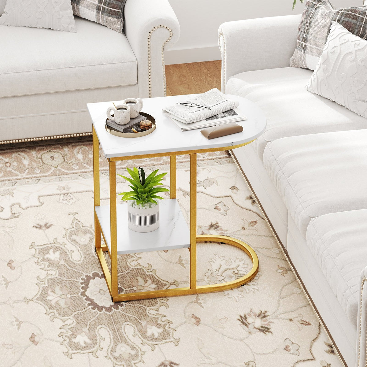 C-shaped Modern Sofa Side Table with Faux Marble Tabletop and Storage Shelf-White view 2