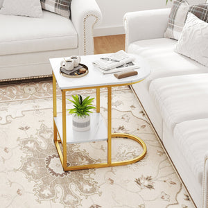 C-shaped Modern Sofa Side Table with Faux Marble Tabletop and Storage Shelf-White view 2