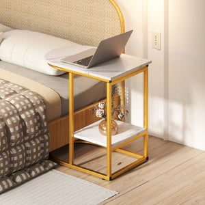 C-shaped Modern Sofa Side Table with Faux Marble Tabletop and Storage Shelf-White view 3
