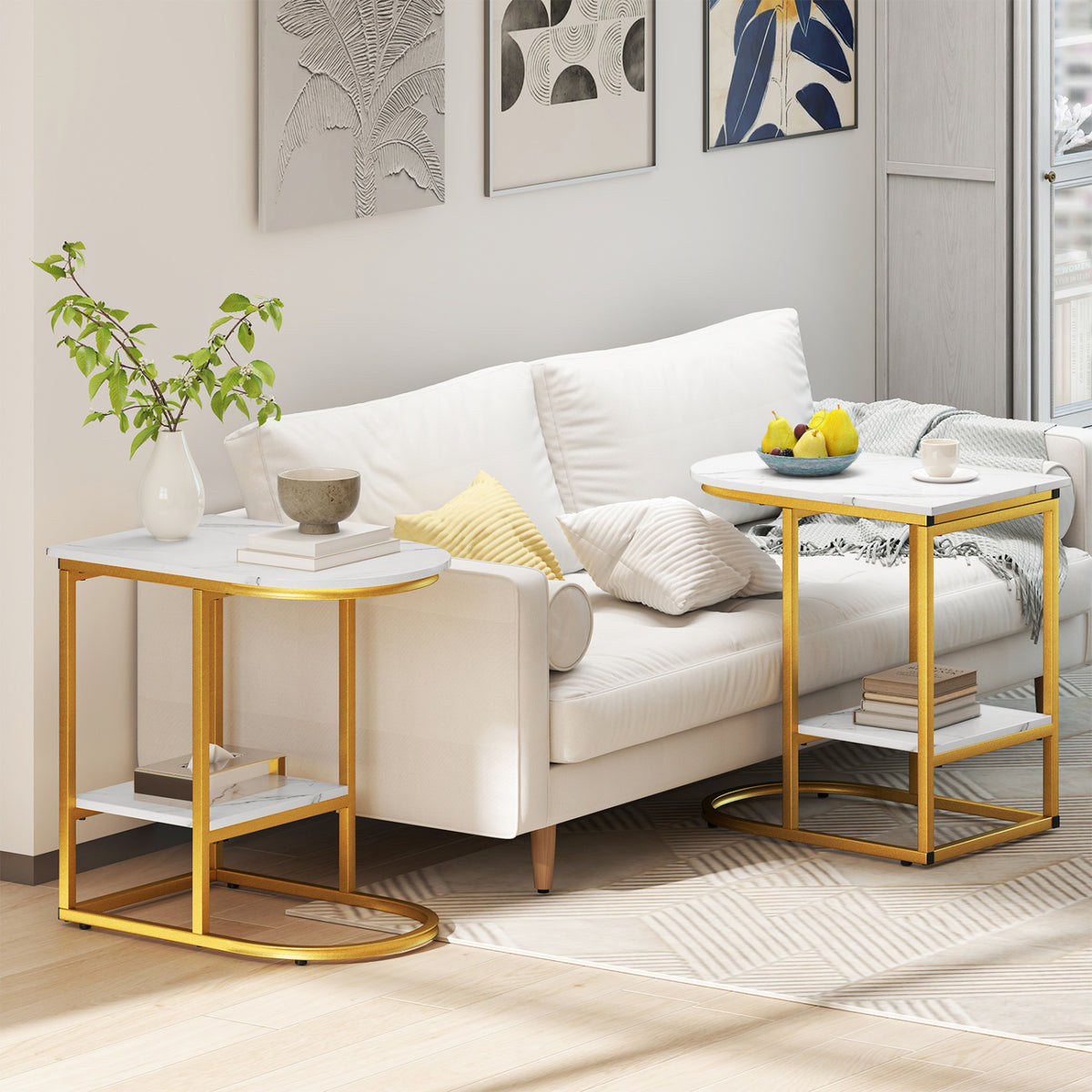 C-shaped Modern Sofa Side Table with Storage Shelf Faux and Marble Tabletop-White view 2