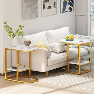 C-shaped Modern Sofa Side Table with Storage Shelf Faux and Marble Tabletop-White view 2