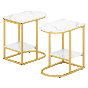 C-shaped Modern Sofa Side Table with Storage Shelf Faux and Marble Tabletop-White view 3