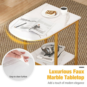 C-shaped Modern Sofa Side Table with Storage Shelf Faux and Marble Tabletop-White view 5