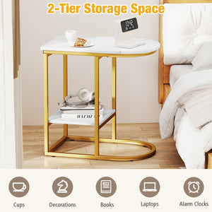 C-shaped Modern Sofa Side Table with Storage Shelf Faux and Marble Tabletop-White view 6
