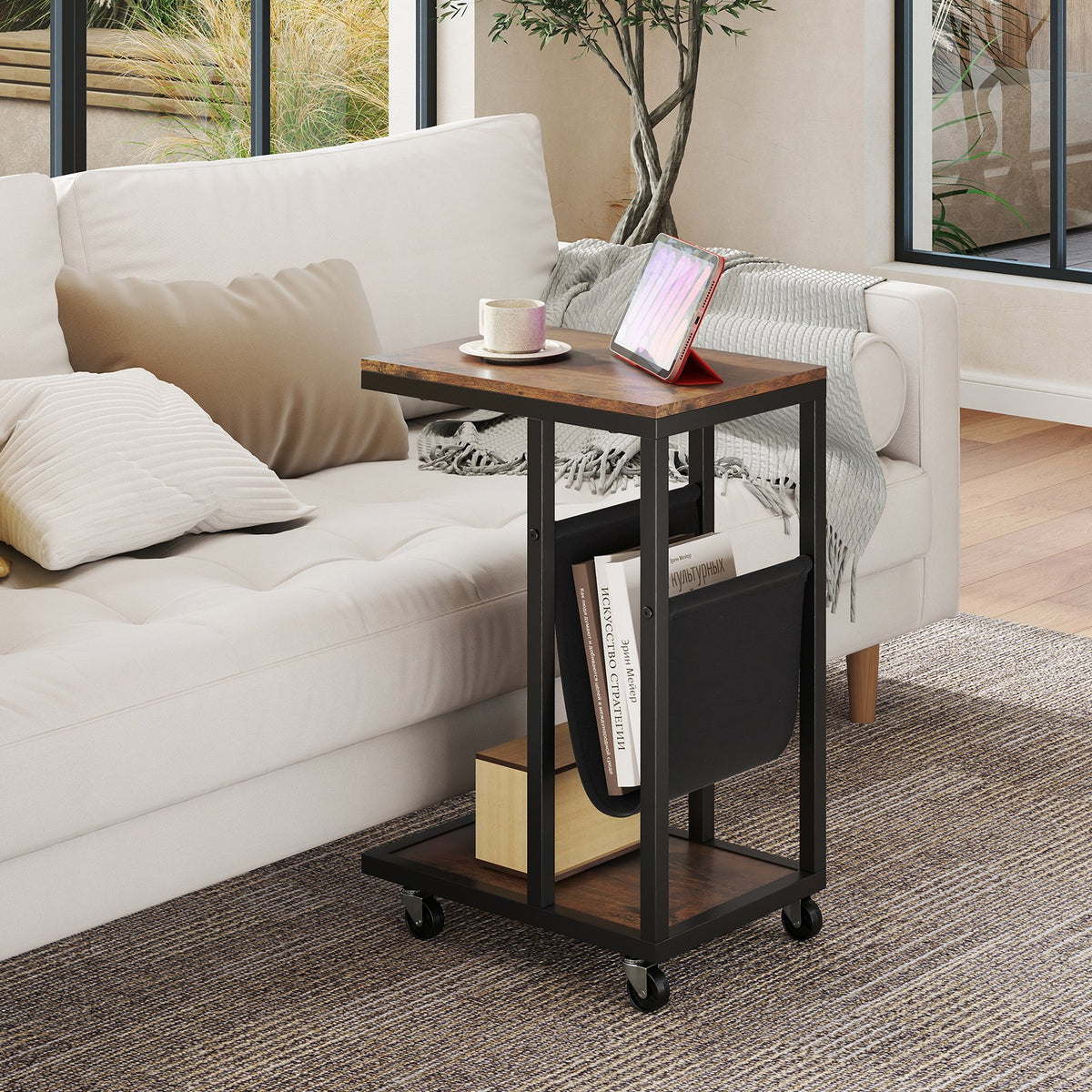 C-shaped Side Table with Canvas Storage Pouch and Metal Frame-Borwn view 2