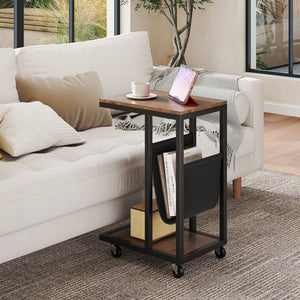 C-shaped Side Table with Canvas Storage Pouch and Metal Frame-Borwn view 2