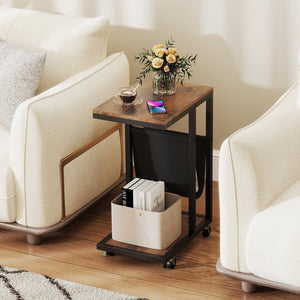 C-shaped Side Table with Canvas Storage Pouch and Metal Frame-Borwn view 3