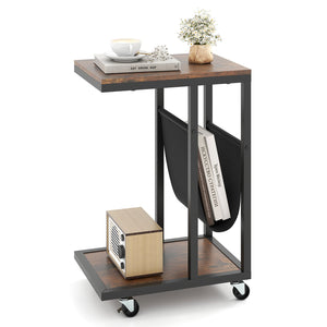 C-shaped Side Table with Canvas Storage Pouch and Metal Frame-Borwn view 4