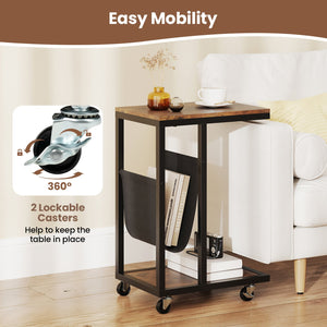 C-shaped Side Table with Canvas Storage Pouch and Metal Frame-Borwn view 7