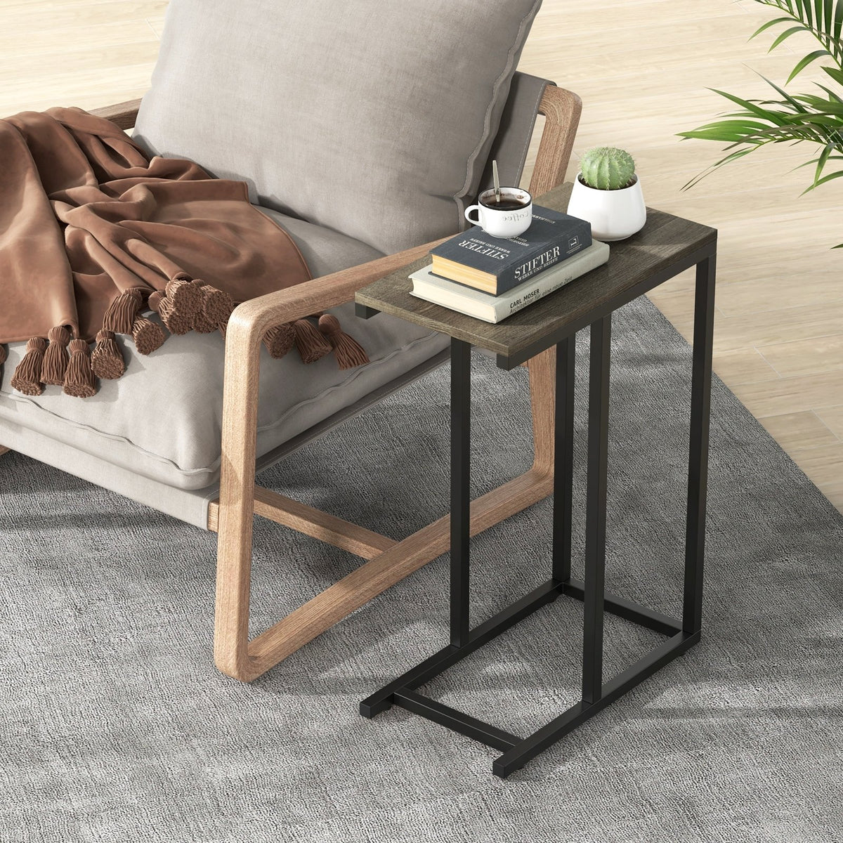 C-shaped Side Table with Heavy-duty Metal Frame-Oak view 2