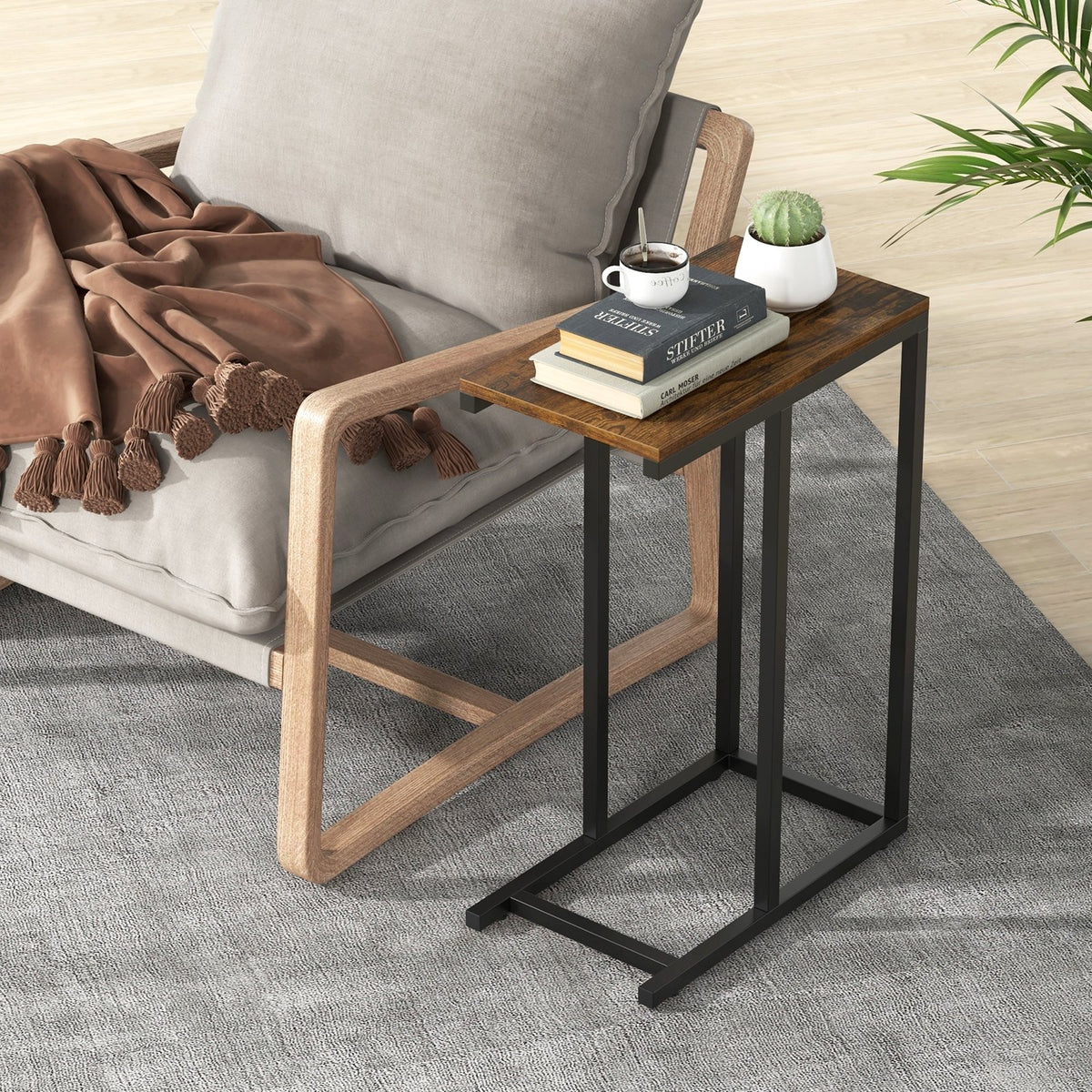 C-shaped Side Table with Heavy-duty Metal Frame-Rustic Brown view 2