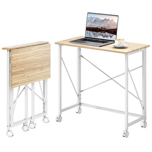31.5" Home Office Desk, Folding Desk with Wheels for Small Space, Easy Assemblyfor Home Office, Natural Wood Finish