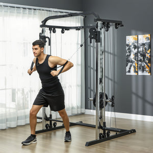 Soozier 3 In 1 Smith Machine Power Rack with Cable Crossover System, Pull up Station, 16-Level Squat Rack and Barbell Bar