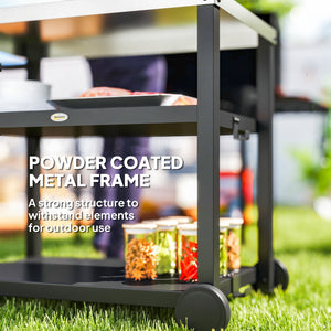 3-Shelf Outdoor Grill Dining Cart Pizza Oven Stand with Stainless Steel Top, Movable BBQ Food Prep Table Outdoor Kitchen Island with Hooks Wheels Handle, Charcoal Grey