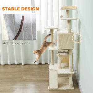 54" Cat Tree, Multi-Level Cat Tower with Scratching Posts, Cat Condos, Bed, Platforms, Ramp, Toy Ball, Beige – view 62