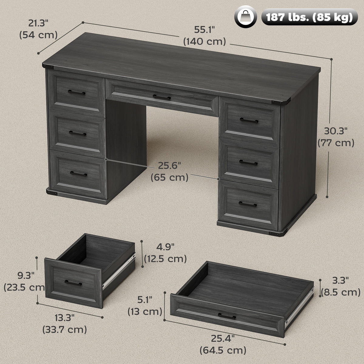 55" Computer Desk with 7 Drawers, Farmhouse Executive Desk for Home Office, Study, Bedroom, Black Wood Grain – view 2