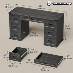 55" Computer Desk with 7 Drawers, Farmhouse Executive Desk for Home Office, Study, Bedroom, Black Wood Grain – view 2