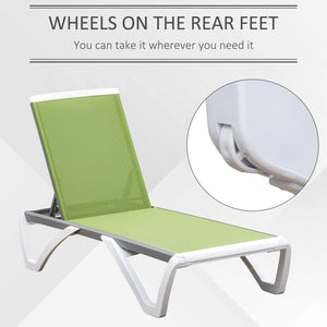 Outdoor Chaise Lounge Chair, Patio Aluminum Tanning Chair with 5-Level Adjustable Back, Portable Wheels, Breathable Mesh Fabric, for Pool, Deck, Garden, Green