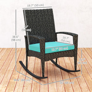 Outdoor Rocking Chair, Patio Wicker Chair Removable Cushion, High Back and Armrests for Porch Balcony, Turquoise