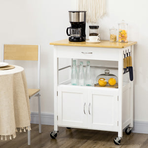 Kitchen Cart, Utility Trolley, Small Kitchen Island with Storage Drawer & Side Hooks for Dining Room, White