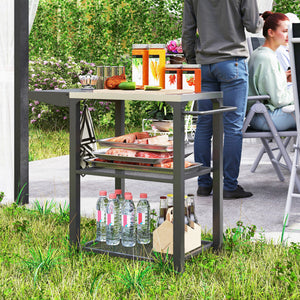 3-Shelf Outdoor Grill Cart Table with Side Handle, Stainless Steel Pizza Oven Stand on Wheels, Black – view 14