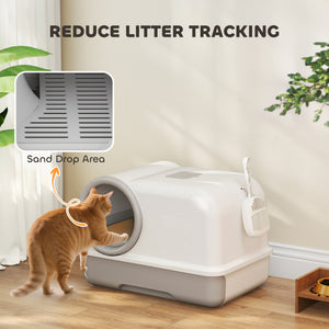 Cat Litter Box Easy Clean Drawer Odor Control Hooded Cat Litter Tray with Scoop White and Grey