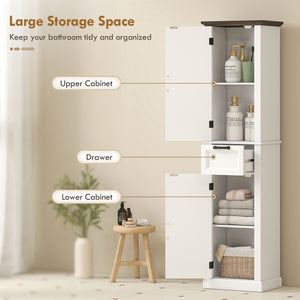 65" Tall Bathroom Storage Cabinet, Freestanding Farmhouse Slim Bathroom Cabinet with 2 Doors, Shelves and Drawer, White